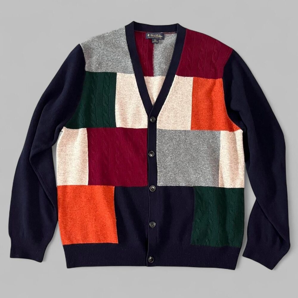 Brooks Brothers 100% Lambswool Patchwork Colorblock Cardigan Sweater XXL